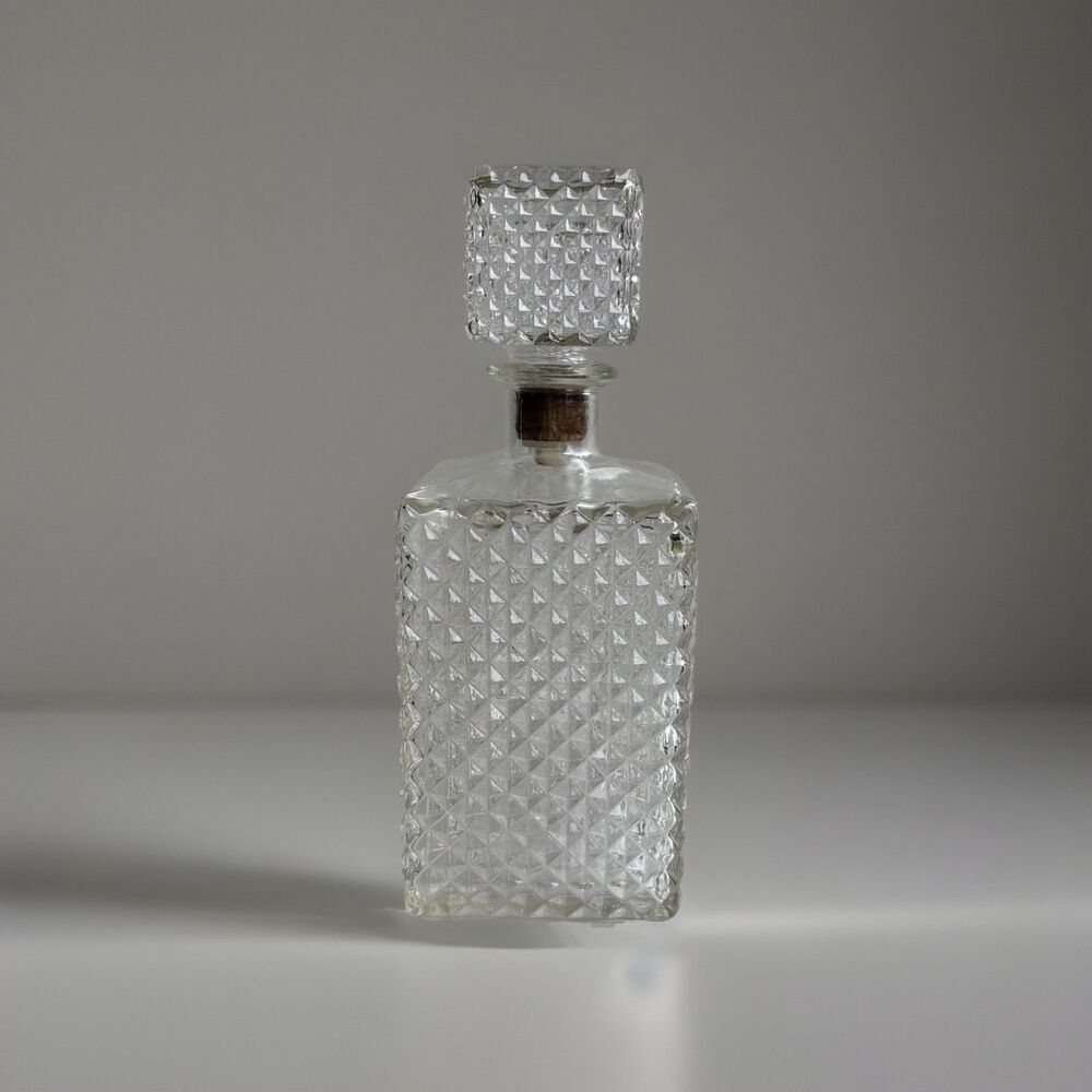 Vtg Thatcher Diamond Pattern Glass Liquor Bottle Decanter w/ Stopper Barware